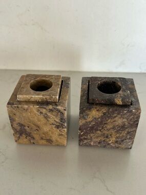 Stone Cube candleholders pair in Brown and Tan - made in India